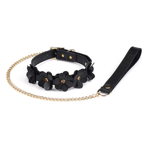 Liebe Seele Black Leather Flowers collar with leash