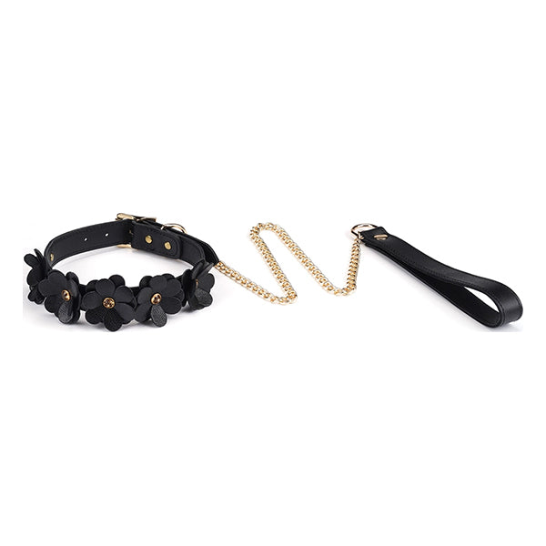 Liebe Seele Black Leather Flowers collar with leash