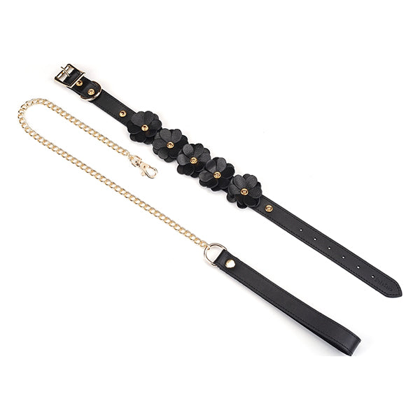 Liebe Seele Black Leather Flowers collar with leash