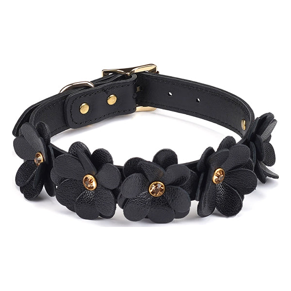 Liebe Seele Black Leather Flowers collar with leash