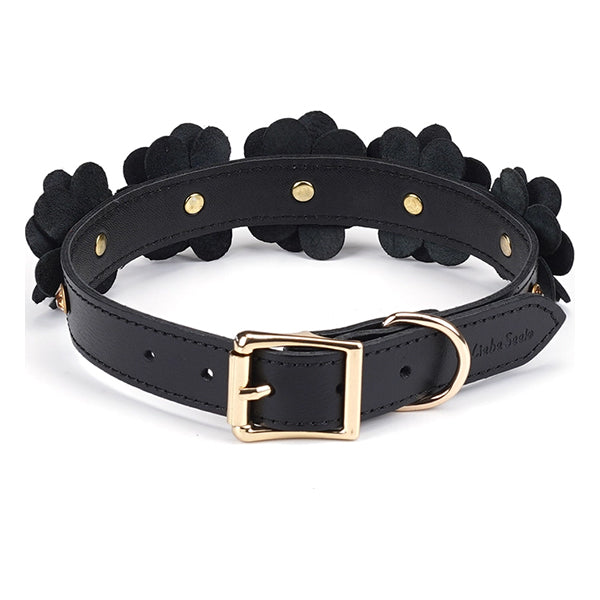 Liebe Seele Black Leather Flowers collar with leash