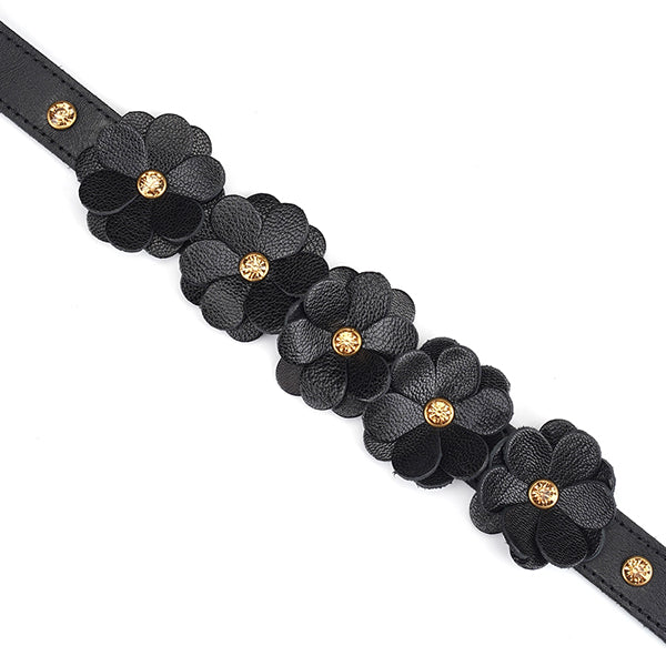 Liebe Seele Black Leather Flowers collar with leash