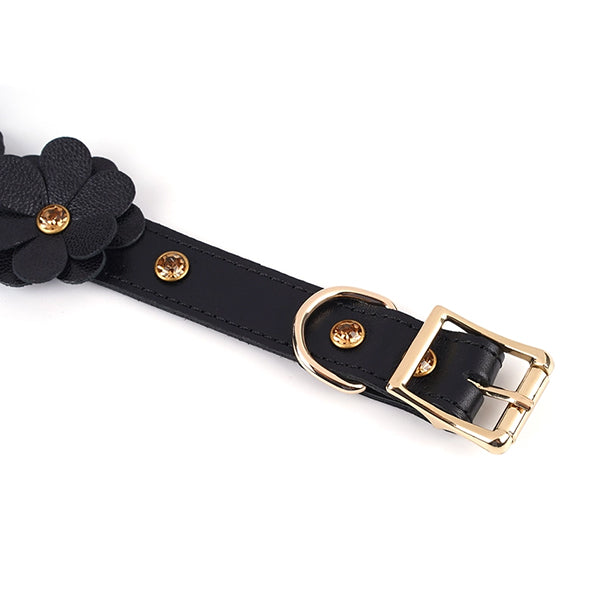 Liebe Seele Black Leather Flowers collar with leash